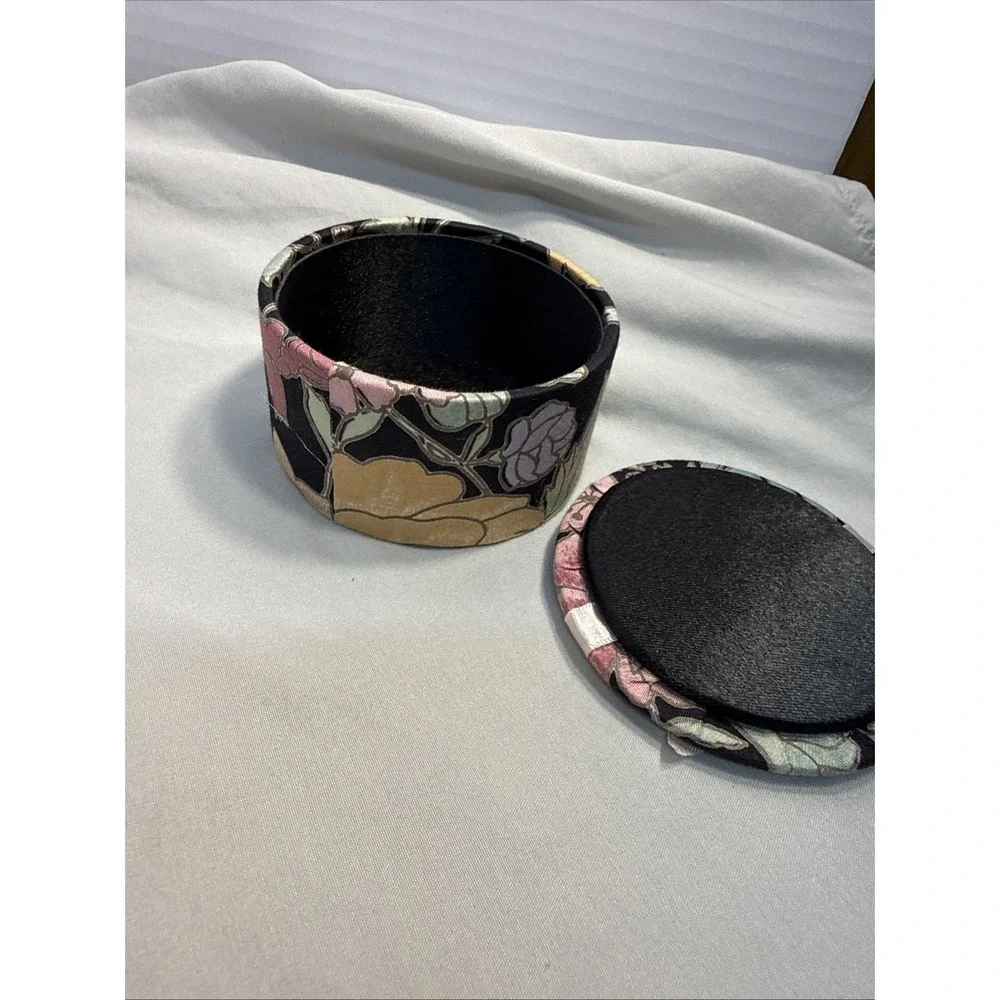 Vintage Round Floral Fabric Covered Trinket Box Made in Taiwan Padded Lid Bow